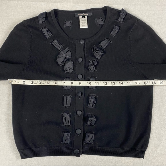 Nanette Lepore Black Button Up Cropped Cardigan Sweater Silk Ribbon Size L - Picture 7 of 10